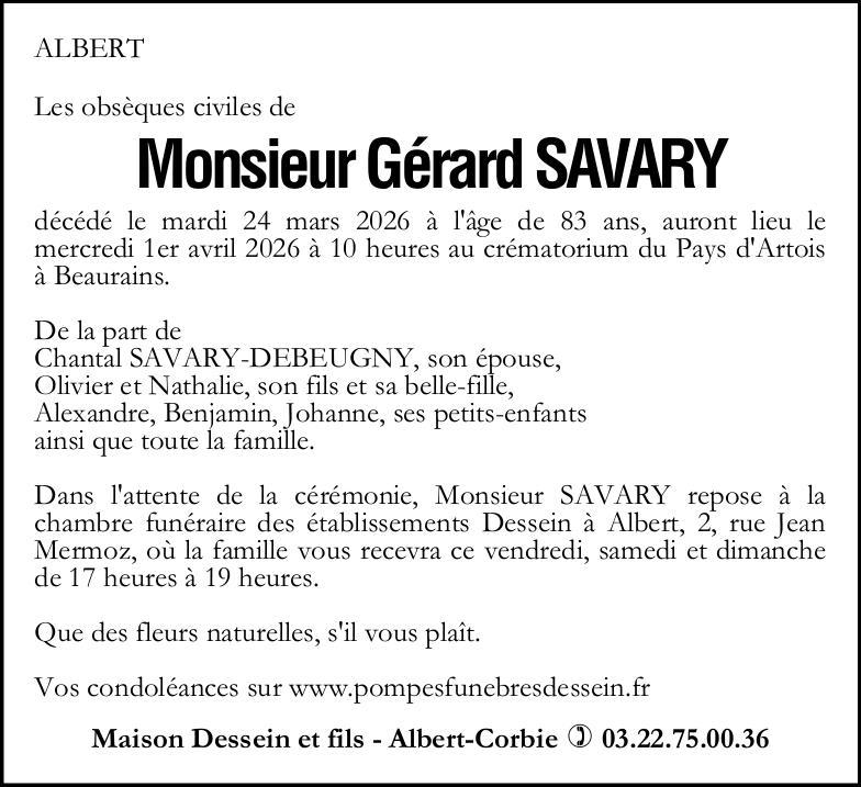 Avis de décès Monsieur Gérard SAVARY