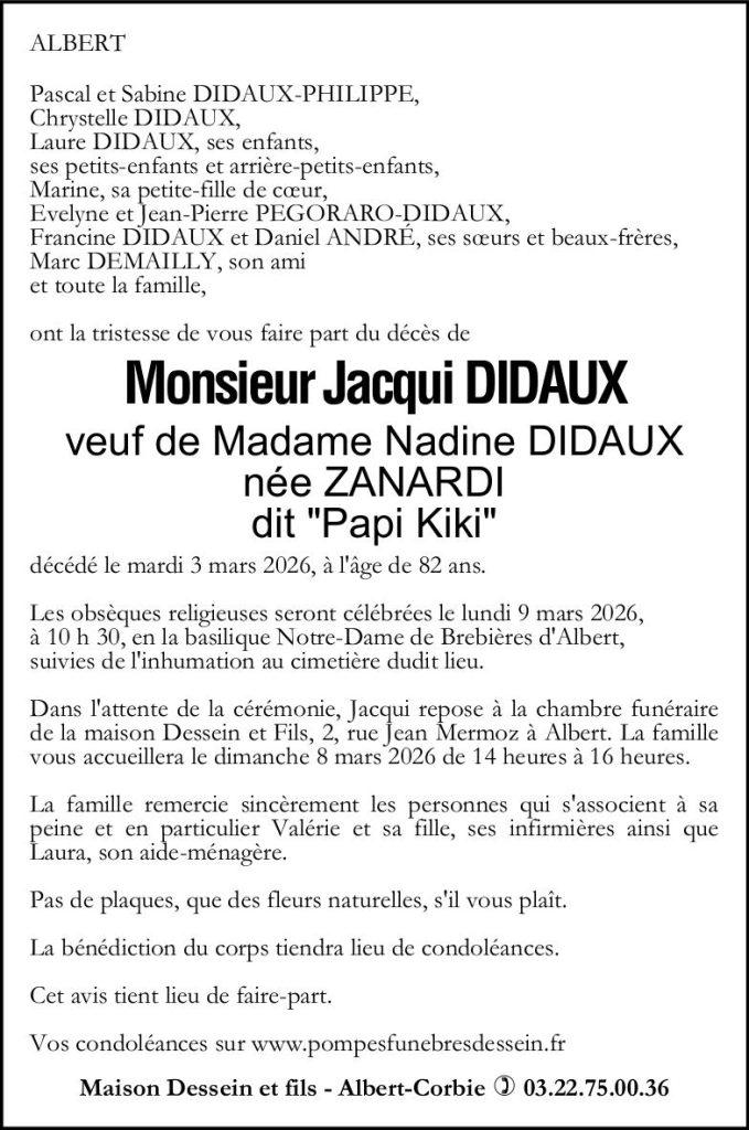 Avis de décès Monsieur Jacqui DIDAUX