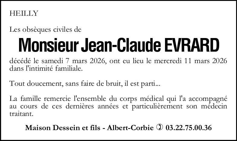 Avis de décès Monsieur Jean-Claude EVRARD