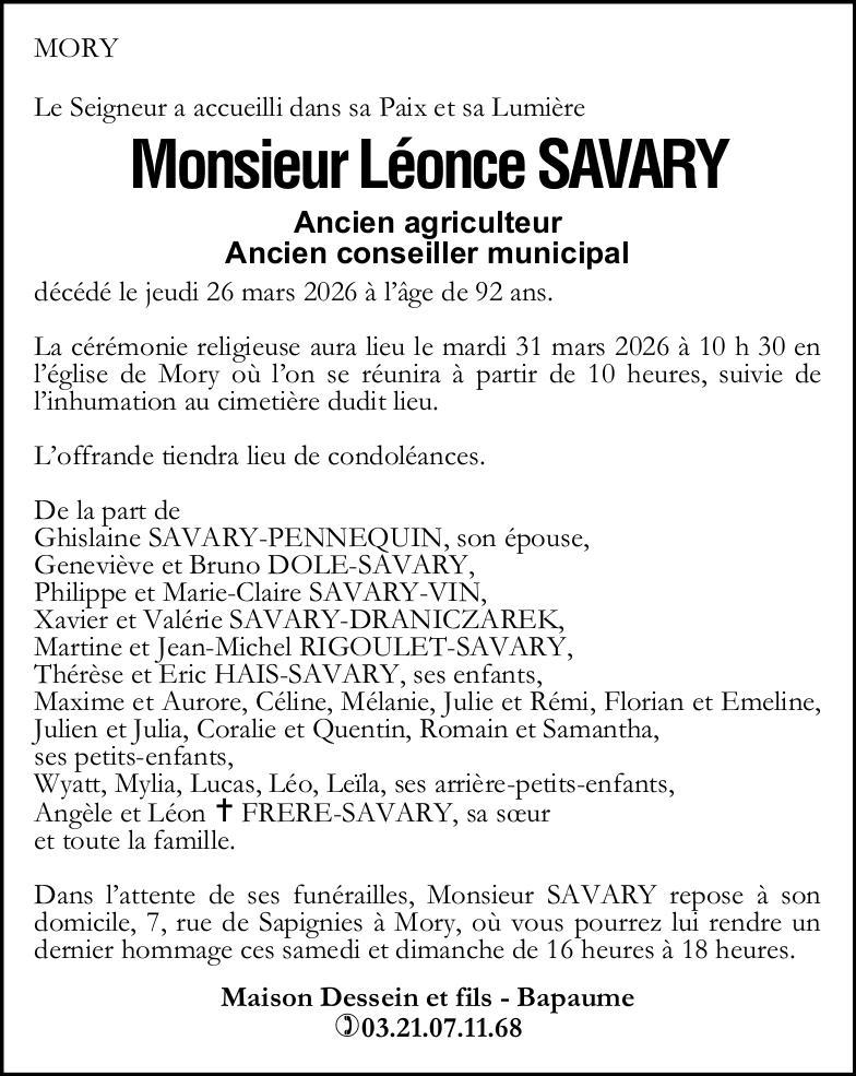 Avis de décès - Monsieur Léonce SAVARY