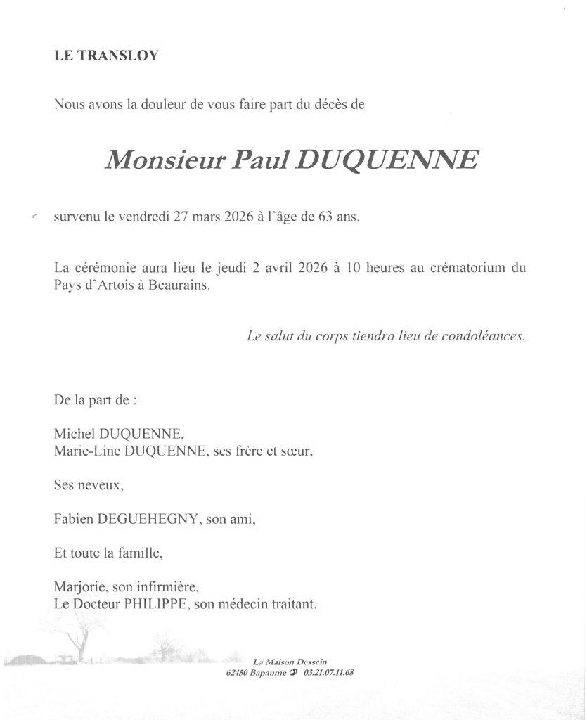 Avis de décès - Monsieur Paul DUQUENNE