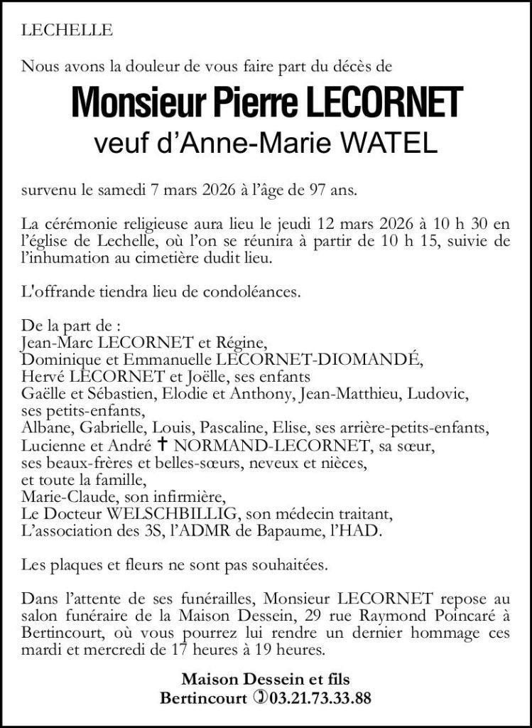 Avis de décès - Monsieur Pierre LECORNET