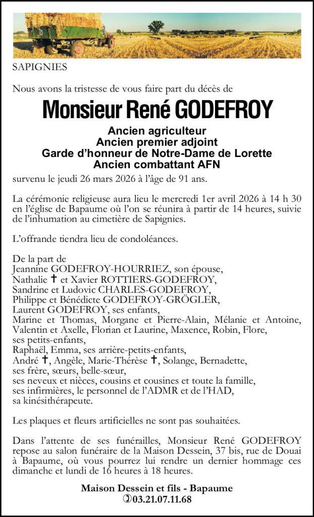 Avis de décès - Monsieur René GODEFROY