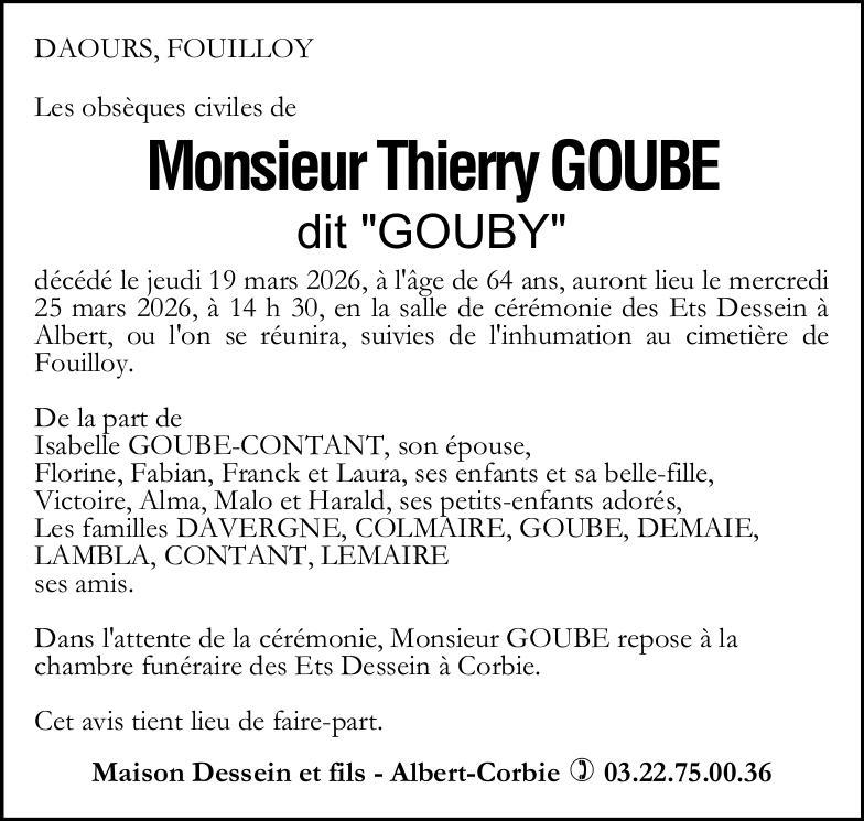 Avis de décès Monsieur Thierry GOUBE