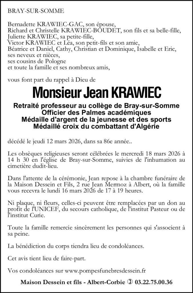 Avis de décès de M. Jean KRAWIEC
