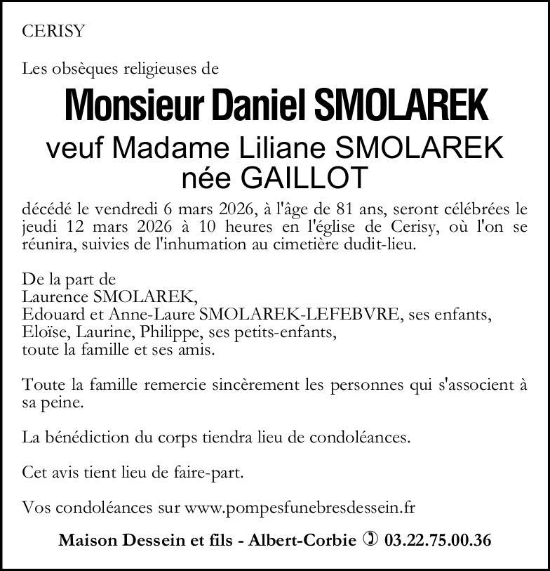Avis de décès de Monsieur Daniel SMOLAREK