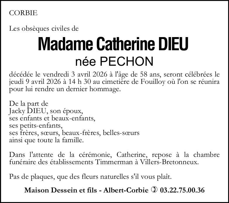 Avis de décès Madame Catherine DIEU née PECHON