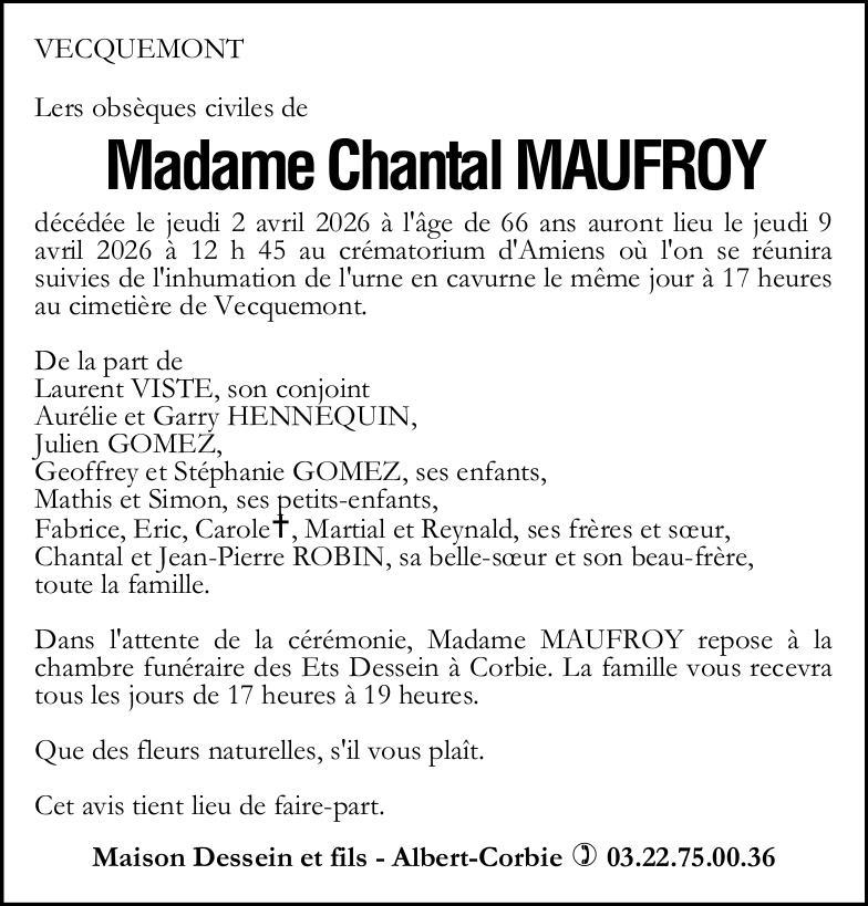Avis de décès Madame Chantal MAUFROY