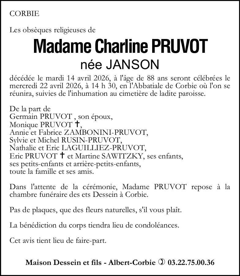 Avis de décès Madame Charline PRUVOT née JANSON