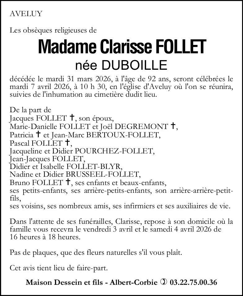 Avis de décès Madame Clarisse FOLLET née DUBOILLE