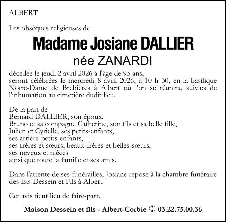 Avis de décès Madame Josiane DALLIER née ZANARDI