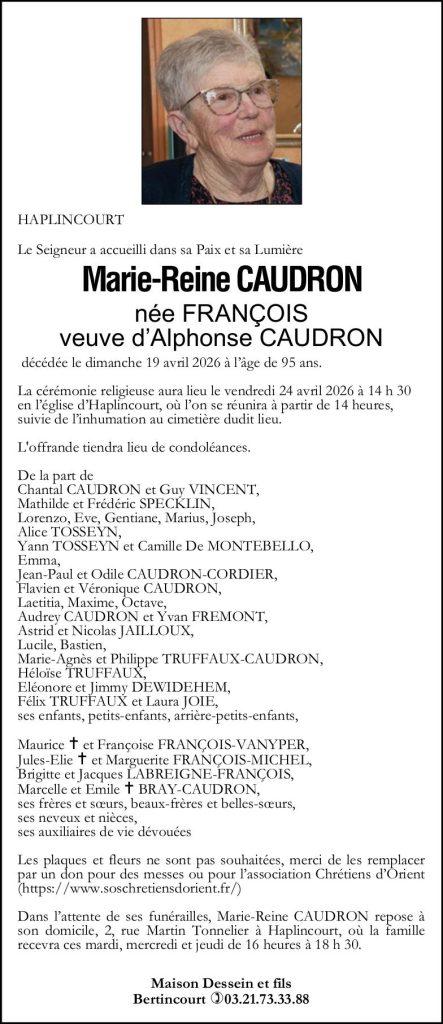 Avis de décès - Madame Marie-Reine CAUDRON née FRANCOIS