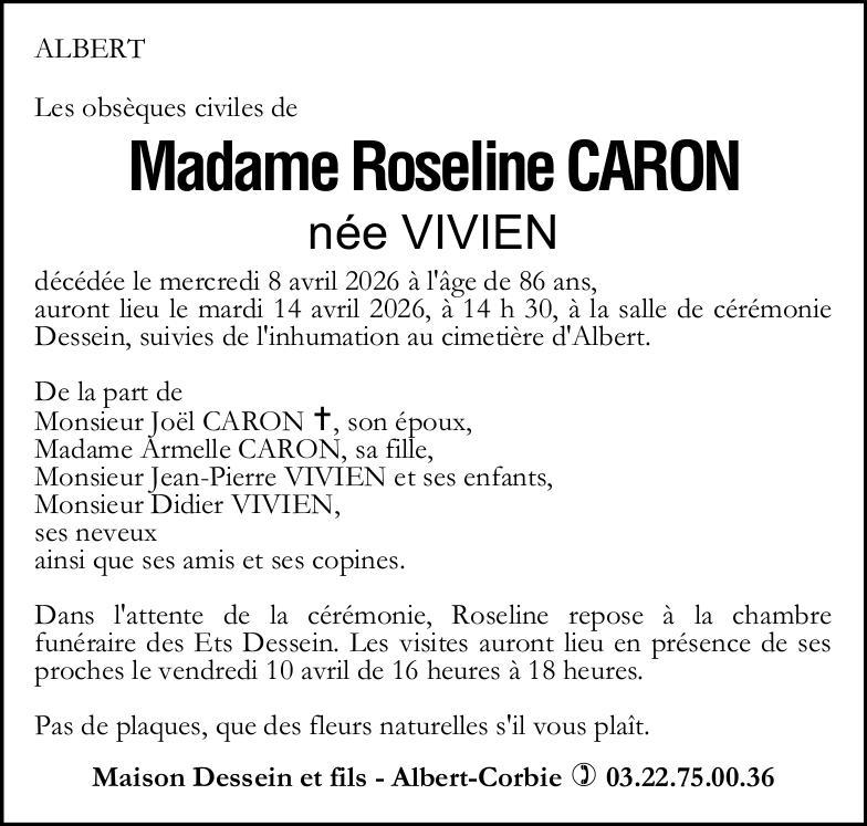 Avis de décès Madame Roseline CARON née VIVIEN