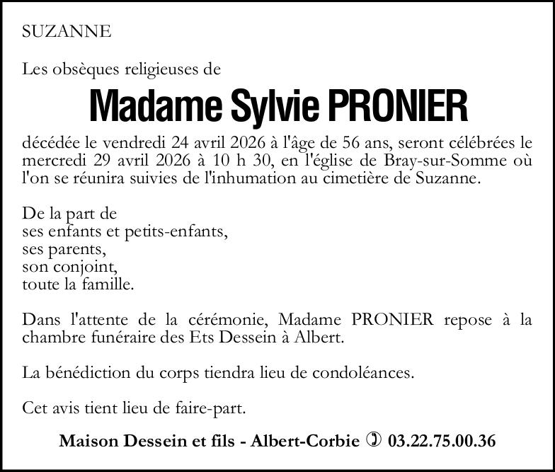 Avis de décès Madame Sylvie PRONIER