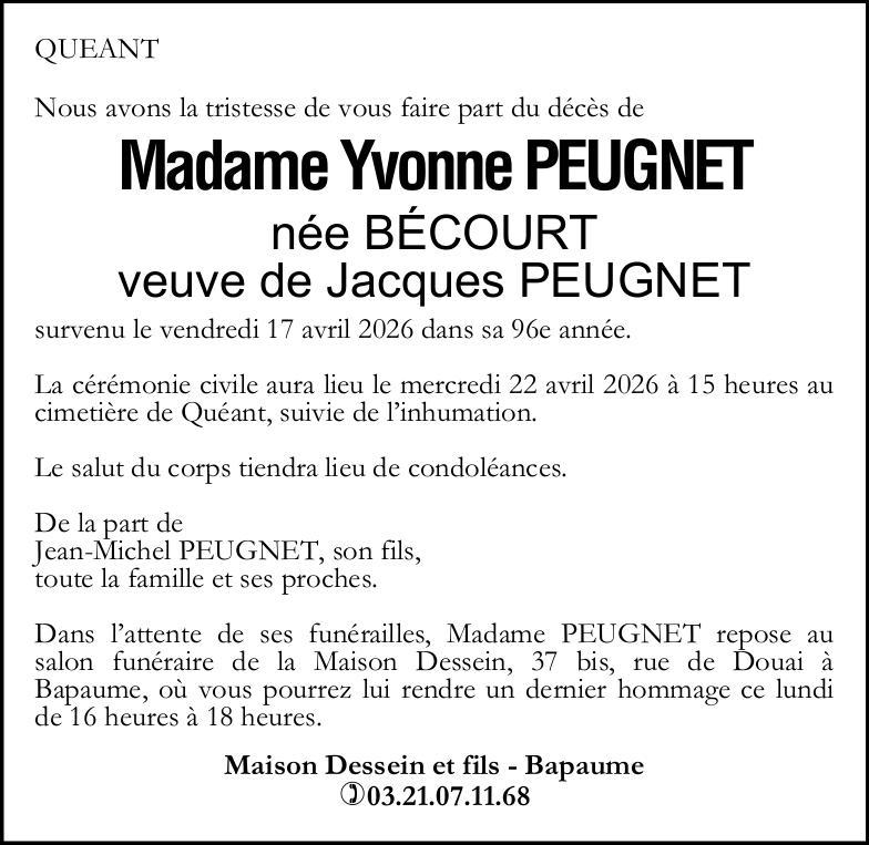 Avis de décès - Madame Yvonne PEUGNET née BECOURT