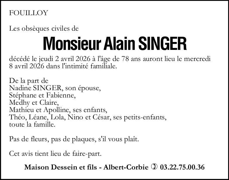 Avis de décès Monsieur Alain SINGER