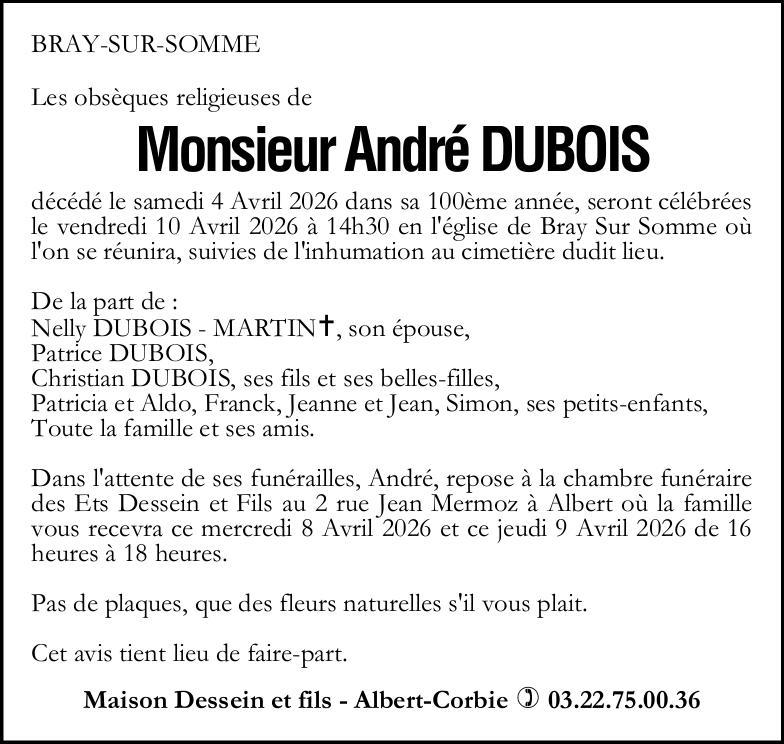 Avis de décès Monsieur André DUBOIS