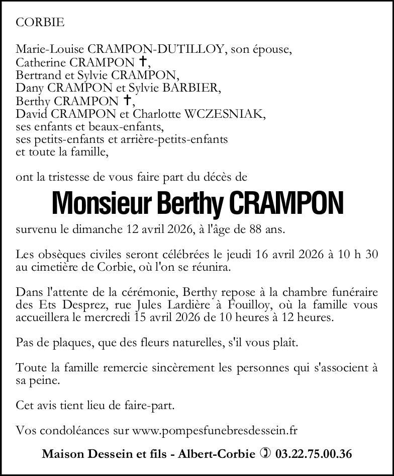 Avis de décès Monsieur Berthy CRAMPON