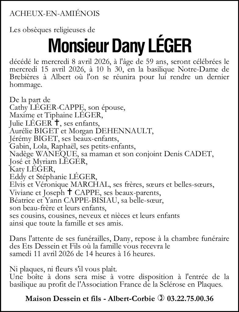 Avis de décès Monsieur Dany LÉGER