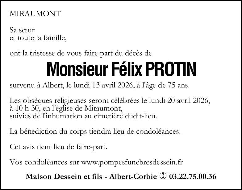 Avis de décès Monsieur Félix PROTIN