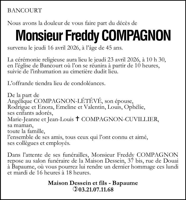 Avis de décès - Monsieur Freddy COMPAGNON.