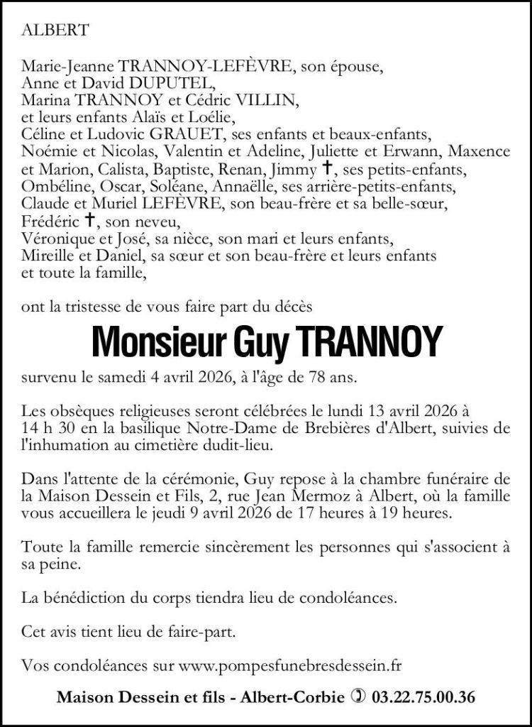 Avis de décès Monsieur Guy TRANNOY