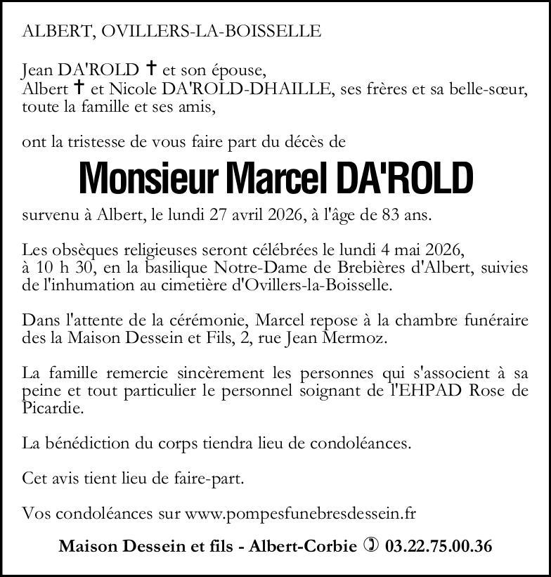 Avis de décès Monsieur Marcel DA'ROLD