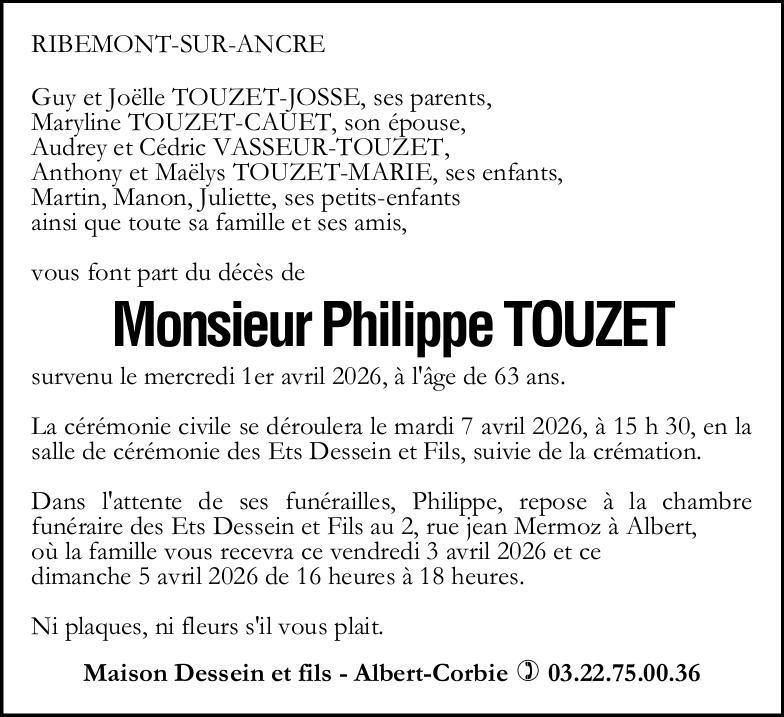 Avis de décès Monsieur Philippe TOUZET