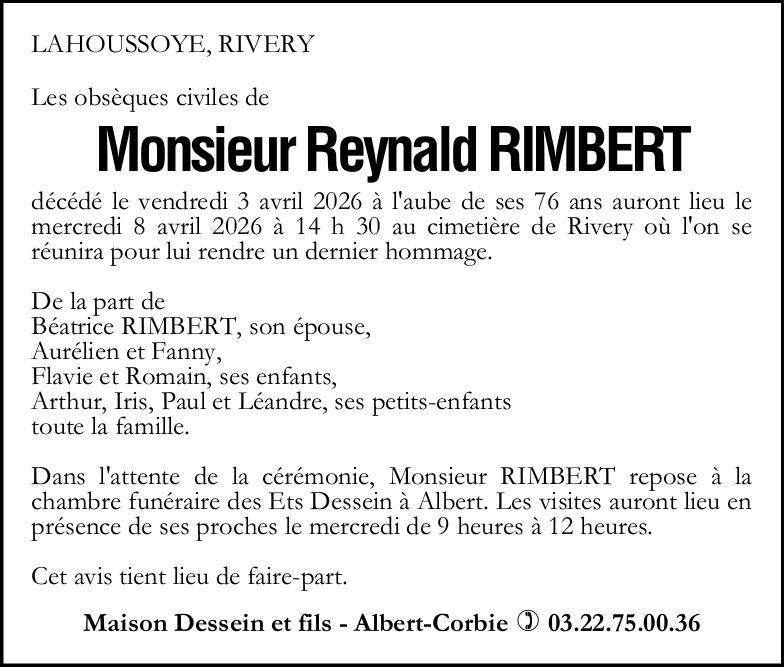Avis de décès Monsieur Reynald RIMBERT