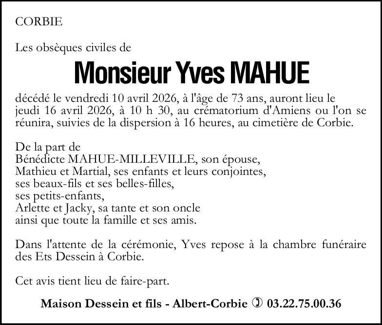 Avis de décès Monsieur Yves MAHUE