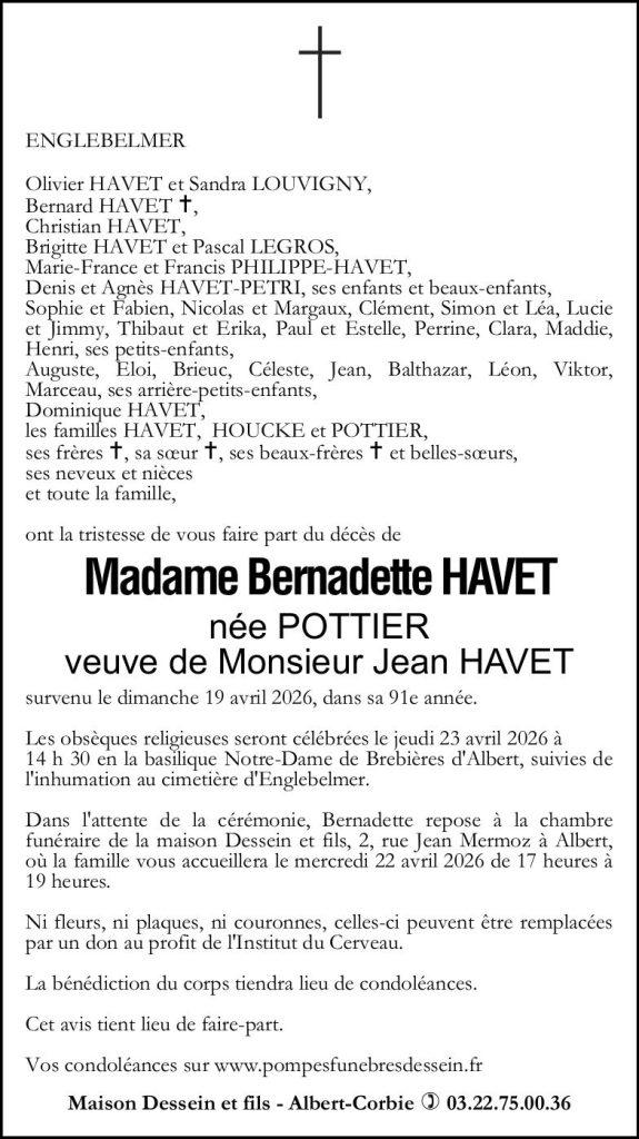 Avis de décès de Madame Bernadette HAVET née POTTIER