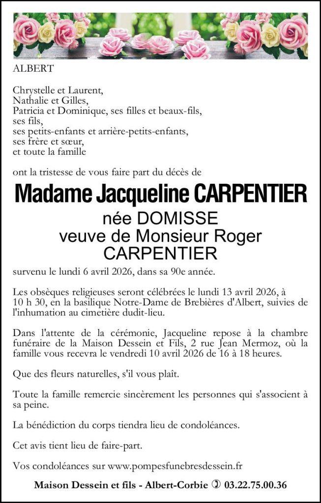 Avis de décès de Madame Jacqueline CARPENTIER née DOMISSE