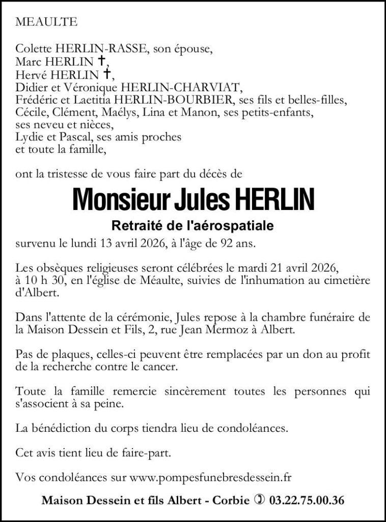Avis de décès de Monsieur Jules HERLIN