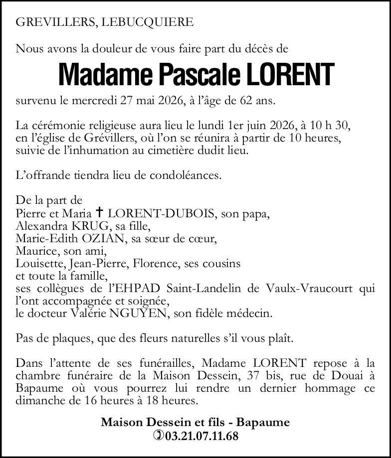 Avis de décès - Madame Pascale LORENT
