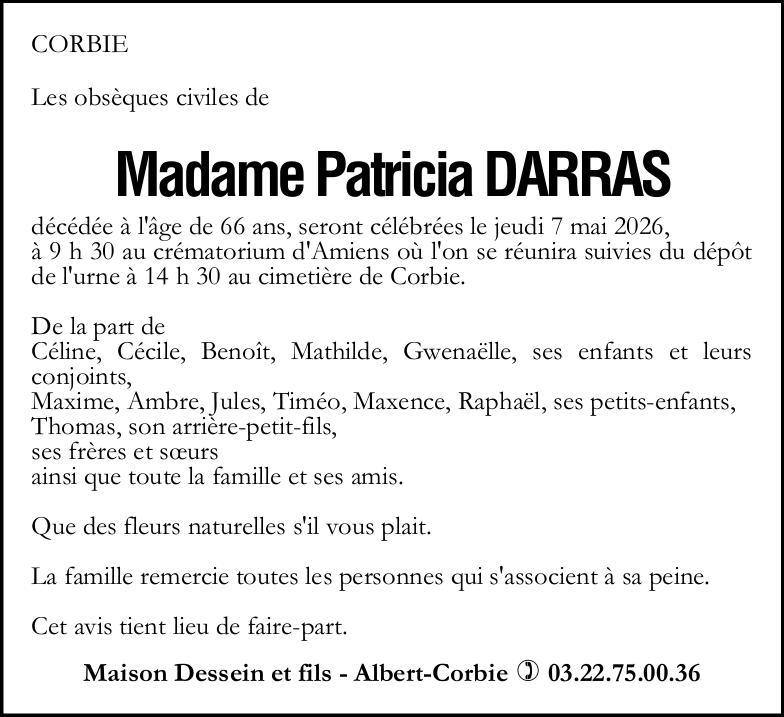 Avis de décès Madame Patricia DARRAS