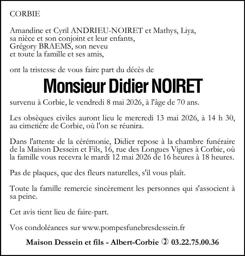 Avis de décès Monsieur Didier NOIRET