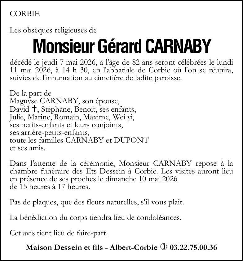 Avis de décès Monsieur Gérard CARNABY