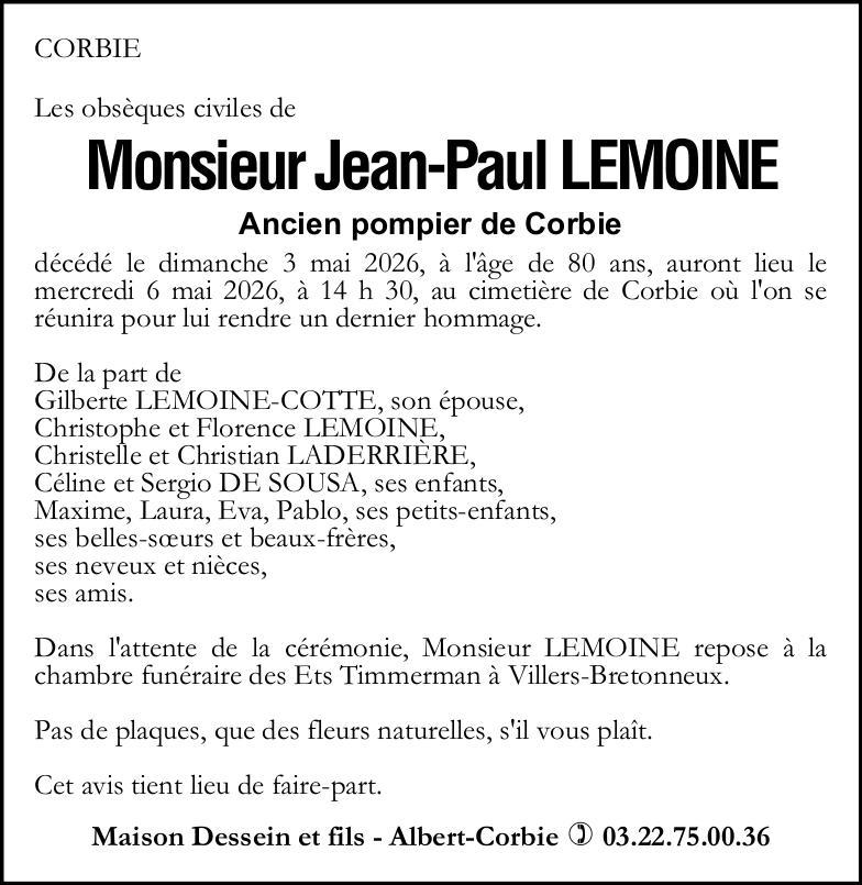 Avis de décès Monsieur Jean-Paul LEMOINE