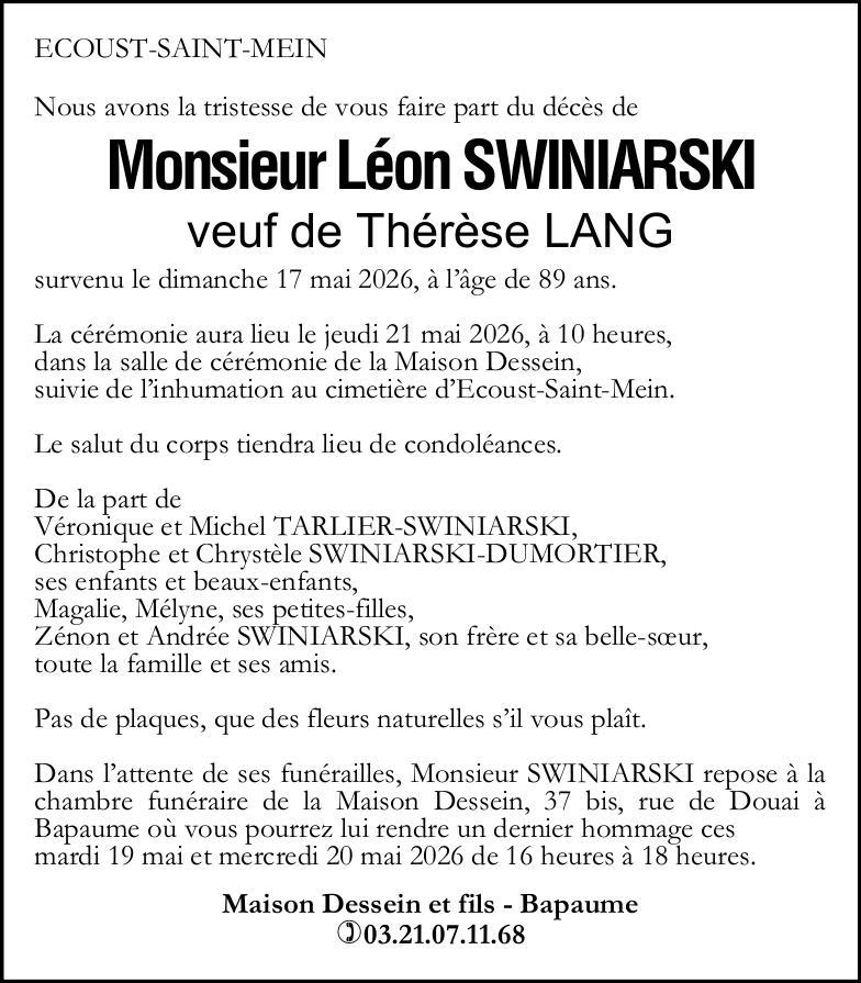 Avis de décès - Monsieur Léon SWINIARSKI