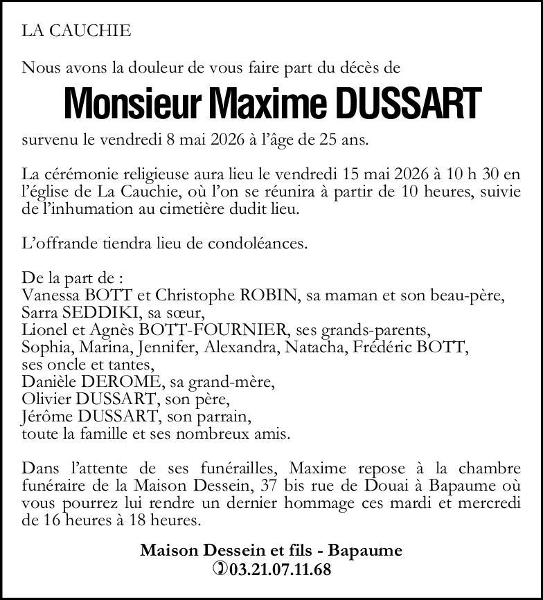 Avis de décès - Monsieur Maxime DUSSART