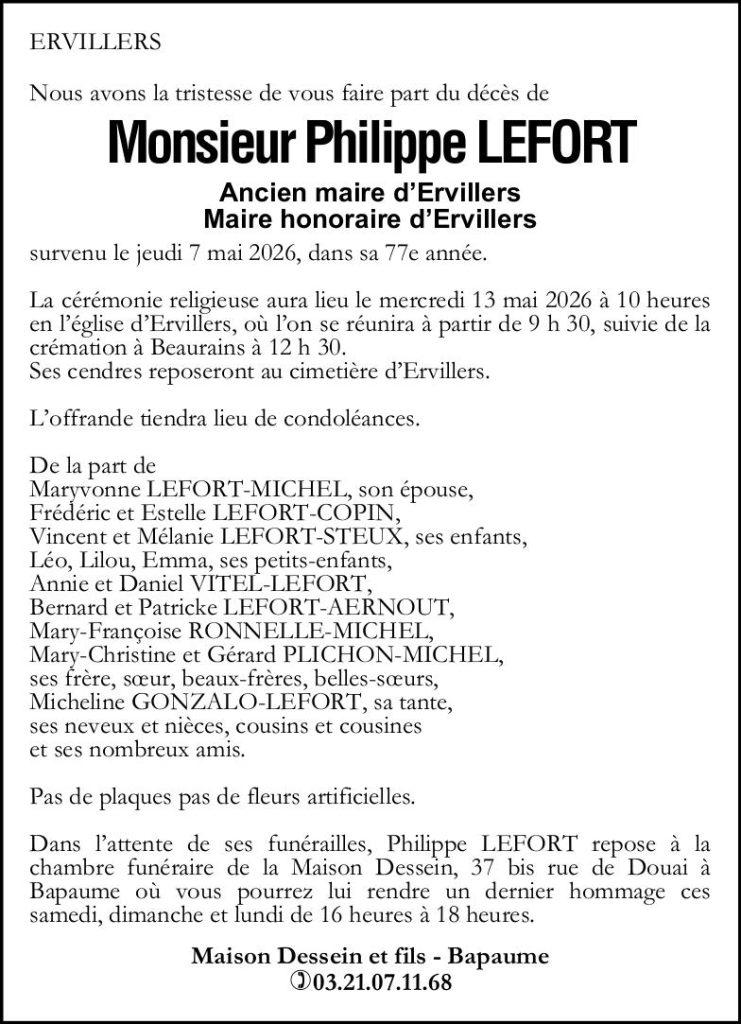Avis de décès - Monsieur Philippe LEFORT