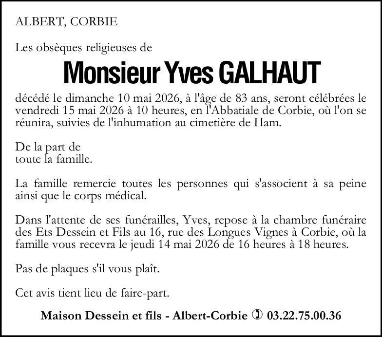 Avis de décès Monsieur Yves GALHAUT