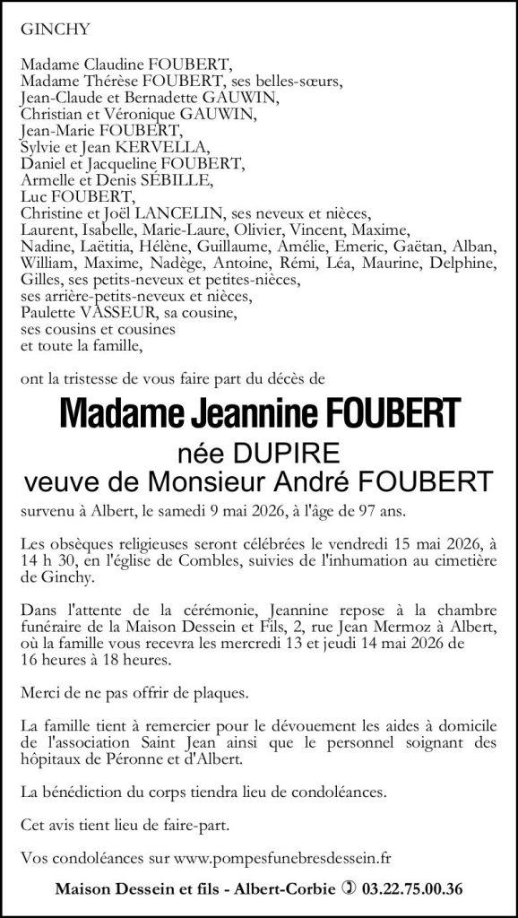 Avis de décès de Madame Jeannine FOUBERT née DUPIRE