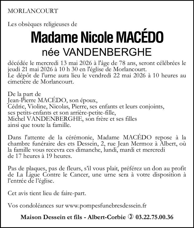 Avis de décès Madame Nicole MACÉDO née VANDENBERGHE
