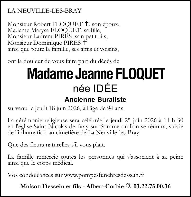 Avis de décès Jeanne FLOQUET