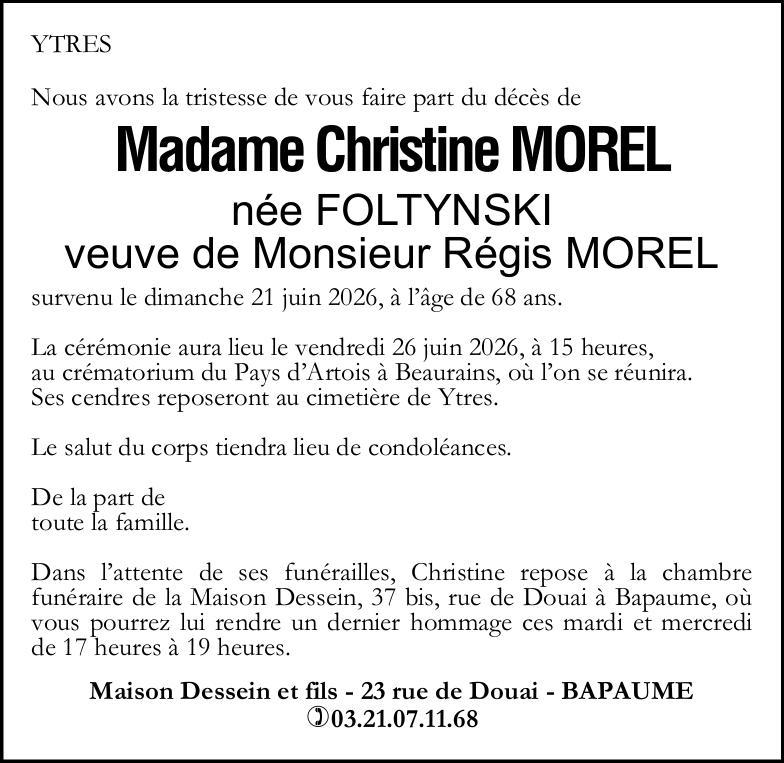 Avis de décès - Madame Christine MOREL née FOLTYNSKI