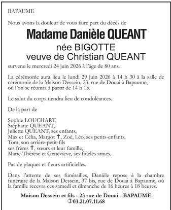 Avis de décès - Madame Danièle QUEANT née BIGOTTE