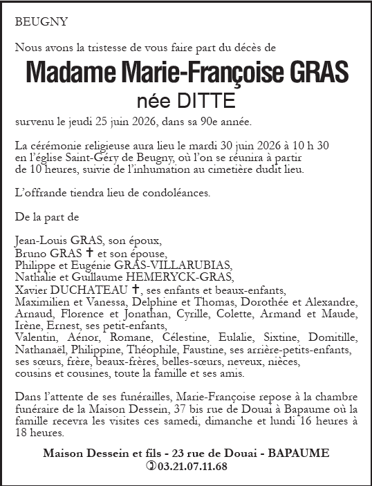 Avis de décès - Madame Marie-France GRAS née DITTE