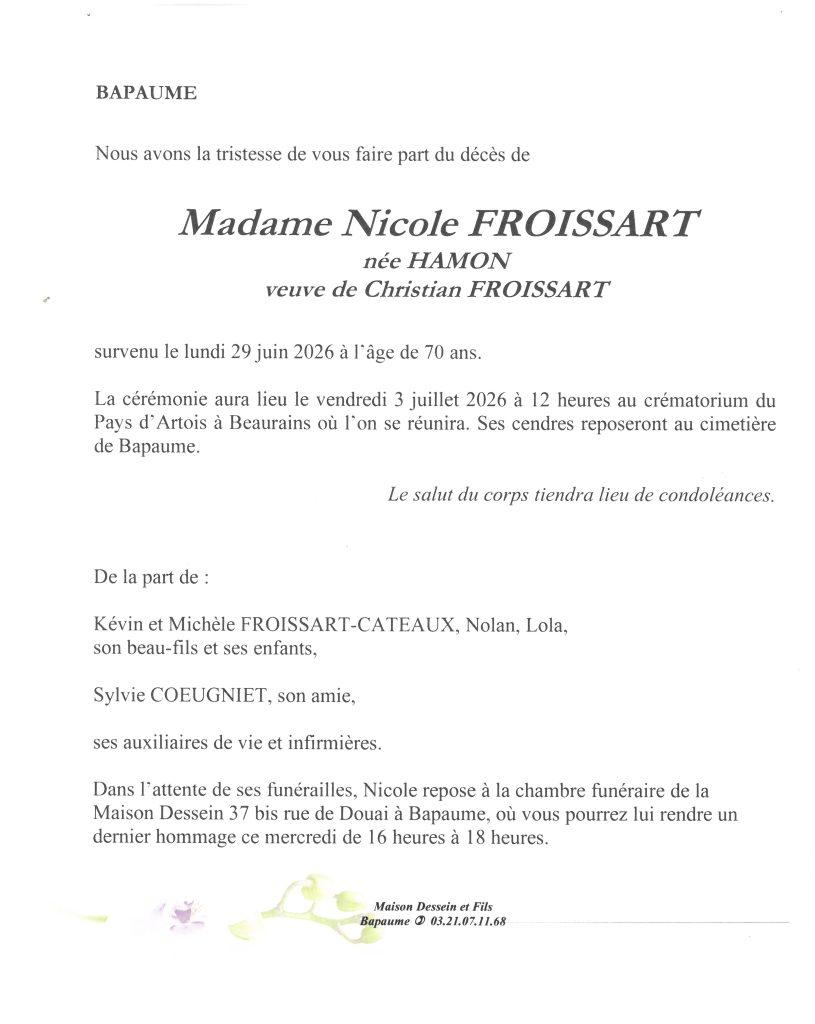 Avis de décès - Madame Nicole FROISSART née HAMON