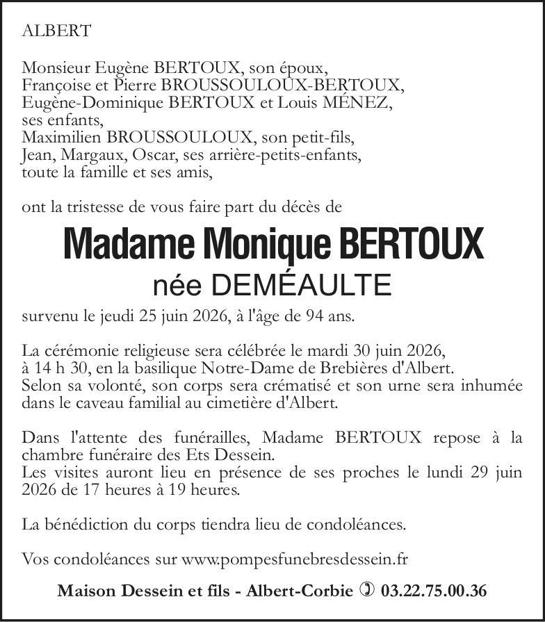 Avis de décès Monique BERTOUX